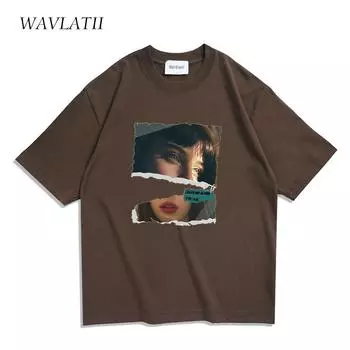 WAVLATII новые женские коричневые летние футболки женские большие повседневные футболки с заниженными рукавами женские белые топы с короткими рукавами для молодежи WT2363 S