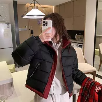 Wear down cotton-padded clothes on both sides, women s color matching stand-up collar, short small cotton-padded jacket. S