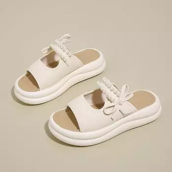 Wear pearl bow one-word slippers women s summer new versatile thick-bottomed casual cool slippers 35