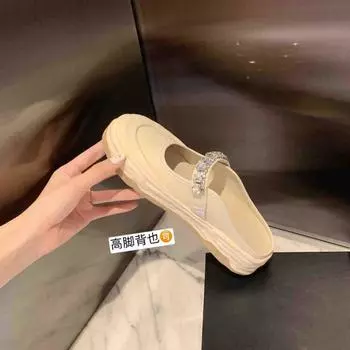 Wearing rhinestone platform canvas slippers women s summer canvas shoes bag head muffin leather half slippers half tray 35