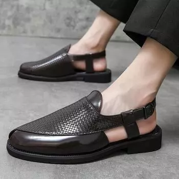 Weaving leather sandals for men and British design style summer men s casual Comfortable shoes for outdoor party strolls 38 чёрный