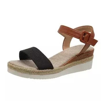 Wedge Sandals Women 2024 Summer Round Head with Buckle Medium Heel Non-slip Design Shoes for Women Light Comfort Casual Sandals 35 бежевый
