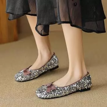 Weiwei Girl 222-3 Square Head Single Shoes Female Flat Bottom One Pedal Rhinestone Fairy Wind Shallow Mouth Doudou Shoes Bow 35 чёрный