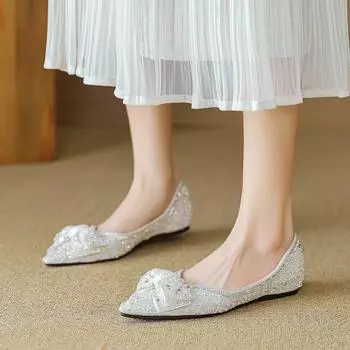 Weiwei girl 5933-15 pointed single shoes women s flat bottom one pedal shallow mouth rhinestone bow Doudou shoes soft sole 35