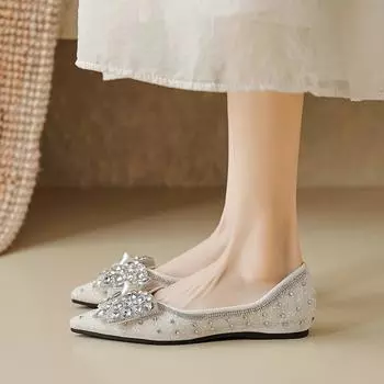 Weiwei girl 5933-8 pointed single shoes women s flat-soled 2025 new shallow mouth one-pedal rhinestone beanie shoes women 35