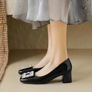 Weiwei girl 9806-3 square head high heels female shallow mouth one pedal rhinestone thick heel single shoes fairy style wedding shoes 34 чёрный