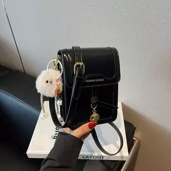 Western Style Mini Niche Style Fall and Winter Super Hot One Shoulder Phone Bag II black belt pendant