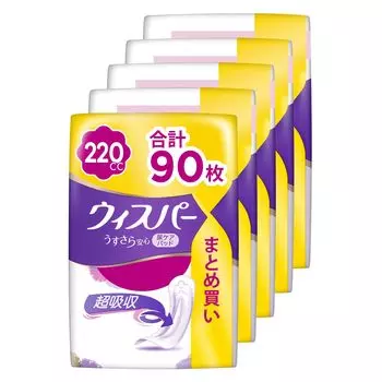 Whisper light and safe 220cc 90 sheets sheets x 5 leakage Urine removal pad for [Bulk purchase/Large capacity] (18 packs) (Urine pad, women) [For