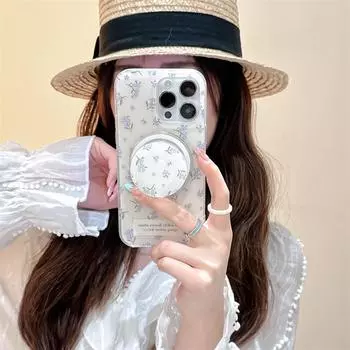 White Background with Blue Floral Pattern Mobile Phone Case for iPhone 15 Pro Max - Magnetic Bracket and Anti-Fall Protection iPhone 13 Pro