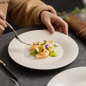 White Ceramic Shallow Plate Steak Plate Dessert Plate Salad Plates Breakfast Plates Molecular Cuisine Hotel Creative Tableware