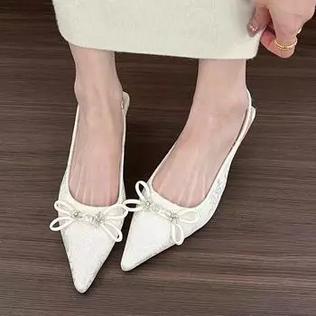White lotus floating life! Pointed new Chinese bow high heel sandals women s spring and summer empty shallow mouth 2024 new 35 слоновая кость