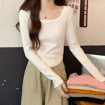 White slim fit T-shirt for women with long sleeves, autumn irregular hem, hot girl tight bottoming shirt, small top S
