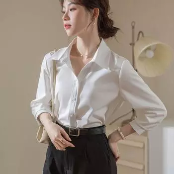 White V-neck Anti-Wrinkle Fancy Lightly Mature Shirt Women s Top Career Interview Formal Long Sleeve Spring & Fall Shirt White L