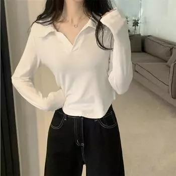 White V-neck Long Sleeve T-shirt Women s Early Autumn New Slimming Inside with Short Bottoms Student Top Tide M
