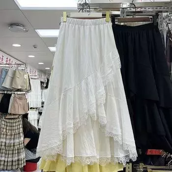 White Versatile Irregular Lace Patchwork Skirt for Women 2025 Spring and Summer New Elastic Waist Long dress 742j White One size