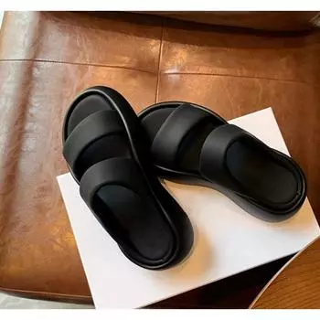 Whole sheepskin~ Thick bottom heightening leather bread casual muffin one-word slippers, summer women s beach cool slippers 35