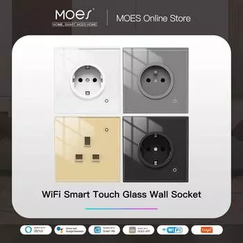 Wi-Fi Tuya Умная настенная розетка Стеклянная панель Розетка Монитор мощности Сенсорная вилка Реле состояния Режим освещения Регулируемый Smart Life Приложение Alexa WiFi-UK золотистый