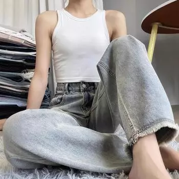 Wide-leg Jeans for Women In Spring and Autumn Retro Yellow Mud American Floor Pants Drape Light-colored Straight-leg Pants S