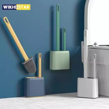 WIKHOSTAR 2 в 1 дышащая щетка для унитаза, силиконовая щетка для чистки унитаза с длинной ручкой, настенные аксессуары для ванной комнаты, инструменты белый