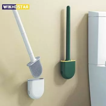WIKHOSTAR Дышащий держатель для туалетной щетки с силиконовой щетиной Нескользящая водонепроницаемая длинная ручка для чистки туалета
