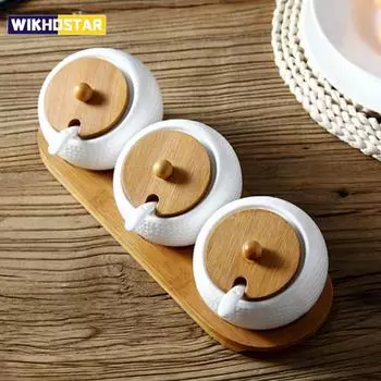 WIKHOSTAR 2/3 шт. Набор керамическая банка для соли с ложкой деревянный поднос коробка для приправ бутылка для приправы бытовая соль кухонные принадлежности