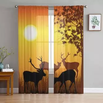 Wild Deer In Forest Sheer Curtains for Living Room Transparent Tulle Window Treatments Bedroom Kitchen Home Decor Veil Drapes 135W x 114H(cm)