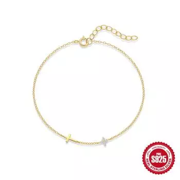 Wind Commuting Simple Wear S925 Sterling Silver Metal Smooth Cross, Zircon Splicing Four-Petaled Flower Bracelet 925 silver золотой
