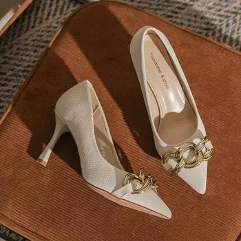 Wind nude high heels spring and autumn new metal chain pointed thin heel versatile single shoes 34 телесный