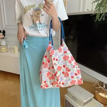 Летняя ветреная сумка большой вместимости для переноски на плече, сумка для покупок с завязками, свежая цветочная сумка-тоут, сумка подмышкой