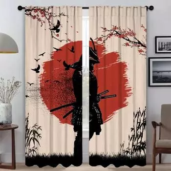Window Curtain for Room 2 Panel Japanese Samurai Curtains Child Room Halloween Decoration Shades Home Interior Curtains Living W50xH70cmx2pcs-CL