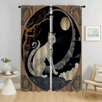Window Curtain for Room 2 Panel Magic Cat Home Interior Curtains Tulle for Bedroom Halloween Decoration Shades Partition Living W50xH70cmx2pcs-CL