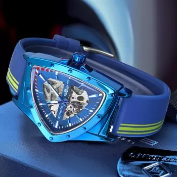 WINNER Спортивные треугольные автоматические мужские часы со скелетоном со светящимися указателями, модные резиновые ремешки, роскошные военные механические часы чёрный