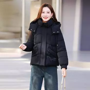 Winter 2025 cotton jacket women s short loose thickened down cotton jacket fashionable thickened warm hooded cotton jacket M