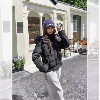 Winter big fur collar hooded short down cotton cotton jacket women s 2025 slim and warm small padded jacket S