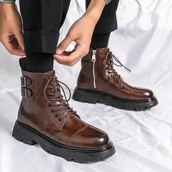 Winter Boots Fashion Brown Leather Men s High Boots Motorcycle Boots Men Outdoor Thick Bottom Round Head Waterproof Ankle Boots 38 чёрный