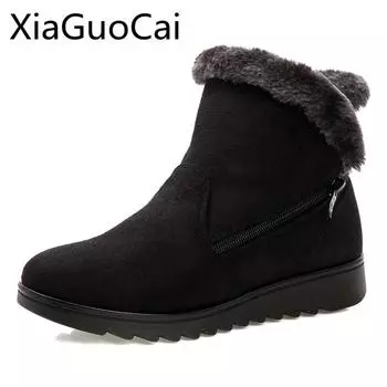 Winter Brand Mother Boots for Women Warm Fur Fashion Female Ankle Boots Suede Flat Zip Waterproof Boots 5.5 вино красного