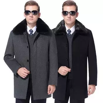 Winter cashmere coat for middle-aged and elderly men, thickened and velvet lining, removable loose real fur collar top jacket 165