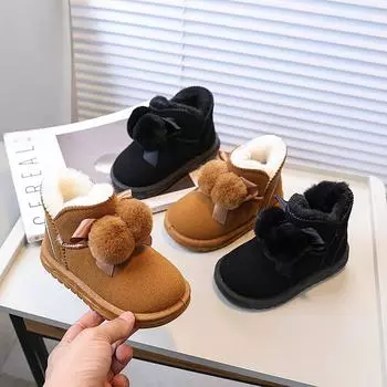 Winter Children s Boots Soft Fluffy Hairball Cute Girl Snow Boots Fashion Versatile Kids Causal Outdoor Cotton Boots Non-slip 27 чёрный