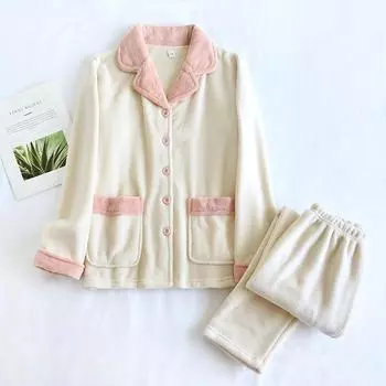 Winter Coral Fleece Keep Warm Sleepwear Women and Men Couple Simple Pure Color Pajamas Sets Long-sleeve Pyjamas M