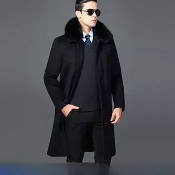 Winter Dad Thickened Real Rabbit Fur Collar Middle-aged and Elderly Cashmere Coat Men s Wool Long Detachable Liner Over-the-Knee Jacket 165