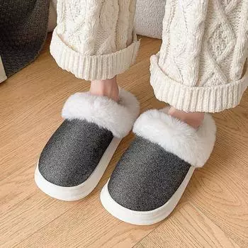 Winter Faux Fur Home Slippers Women Comfort Soft Sole Thicked Plush Slides Woman Closed Toe Non-Slip Warm Fur Slippers Ladies 36-37 чёрный