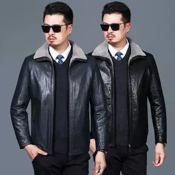 Winter genuine leather jacket for men with velvet and thickened short fur all-in-one soft leather jacket warm middle-aged men s jacket 170