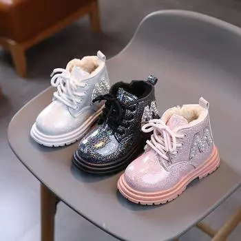 Winter Girl s Ankle Boot Warm Plush Children Thick Bottom Snow Boot Fashion Glossy Kids Causal Princess Short Cotton Boots Soft 21 чёрный