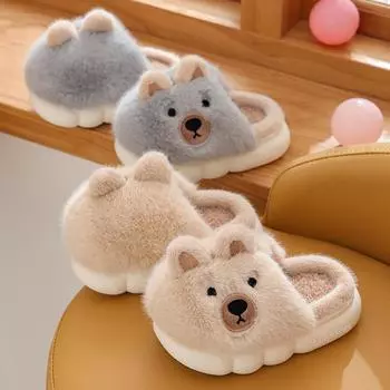 Winter Kids Cotton Slippers Cartoon Little Bear Children s Indoor Warm Plush Slippers Non-Slip Girls Boys House Shoes 24-25(insole 15.5cm) серый