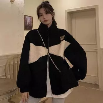 Winter Korean version 2024 new cute contrasting bear imitation lamb wool thickened loose long-sleeved cotton-padded jacket women s clothing M серый