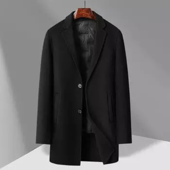 Winter Men s Double-sided Wool Coat Medium and Long Down Take-off Liner Business Casual Woolen Coat Jacket 170 чёрный