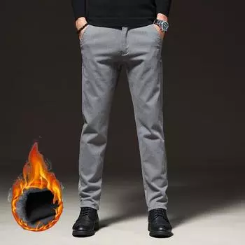 Winter Men s Warm Fleece Stretch Business Pants Elastic Waist Thick Fur Cotton Soft Slim Straight Trousers Male Brand Clothing 28