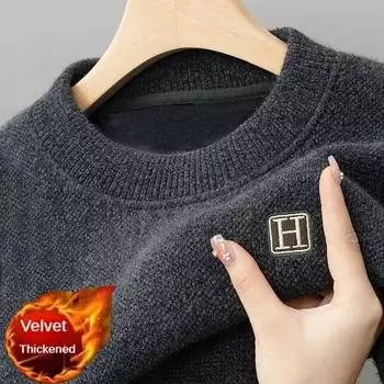 Winter Men s Warm Fleece Sweater O-Neck Embroidered Casual Knitted Inner Lap Pullovers Thick Thermal Underwear Sweater M 45-55KG чёрный
