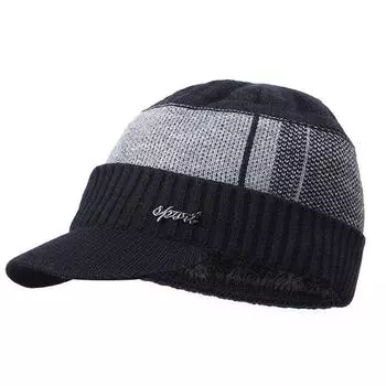 Winter Men Unisex Warm Hat Knit Visor Beanie Fleece Lined Beanie With Brim Cap Black Hat Only