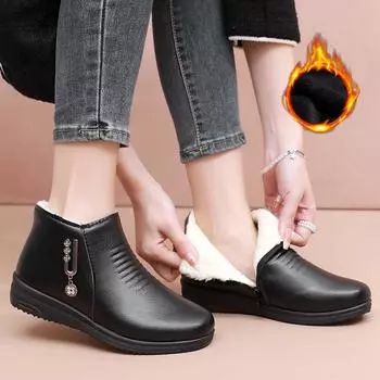 Winter Mother s Short Boots Soft-soled Middle-aged and Elderly Short Boots Women s Plus Velvet Warm Boots Flat-bottomed Cotton Leather Shoes 41 чёрный